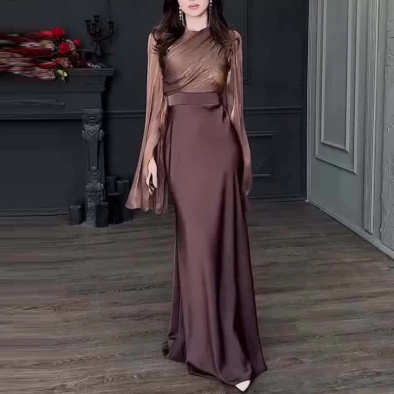Abito lungo in raso da donna vintage a vita alta Nuovi abiti da donna con colletto girocollo con temperamento Abiti eleganti da banchetto a maniche lunghe sottili