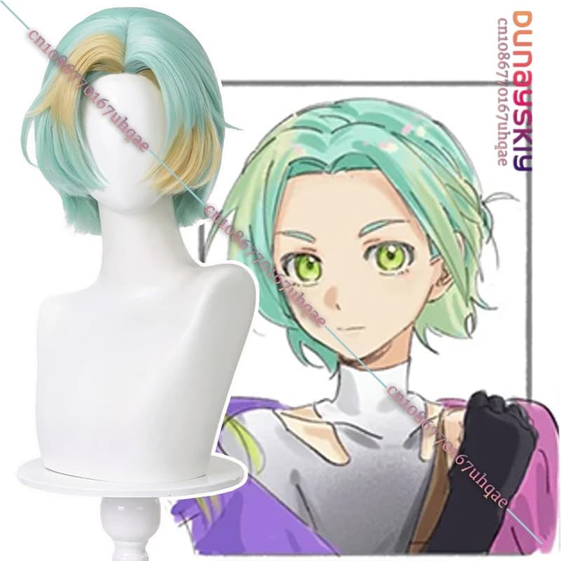 YURI Cosplay CNOSIA Costume {SAIKOU} Parrucca 35CM Giallo Verde Sfumato Capelli Corti Parrucca Sintetica + Protezione Parrucca Halloween Travestimento Parrucche
