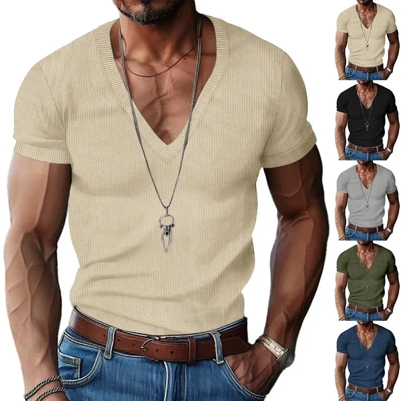 T-shirt casual slim tinta unita con scollo a V da uomo estiva europea e americana in velluto a coste da uomo Amazon