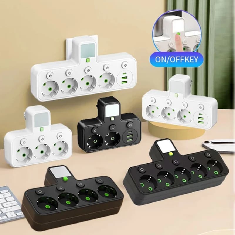 EU Plug Socket Adapter Wireless Wall Charger Power Strip with 4 AC Outlets +2 USB Ports+ 1 Type C 7-in-1 Plug Socket Adapter