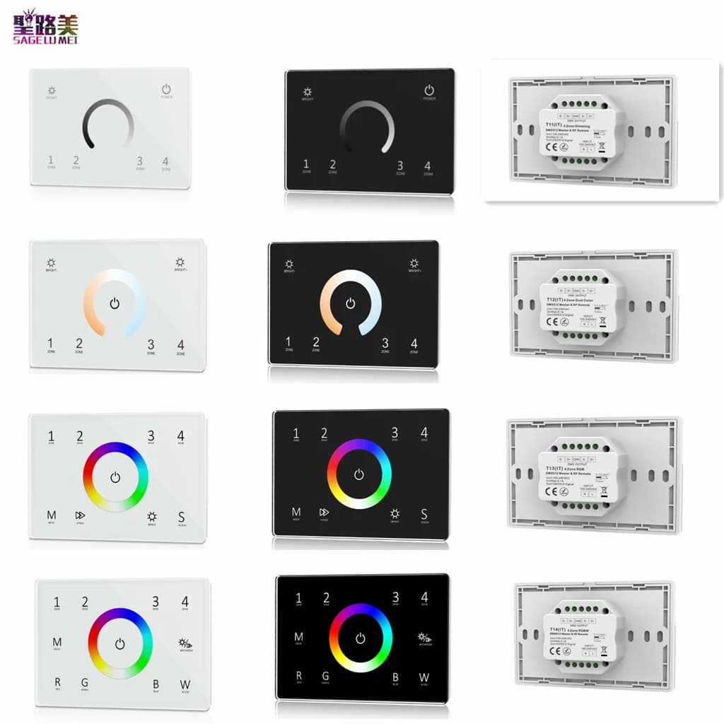110-240VAC ingresso T11(IT) 4 zone dimmerazione vetro Touch Panel DMX Master T12 CCT / T13 RGB / T14 RGBW DMX512 2.4G RF AC Controller