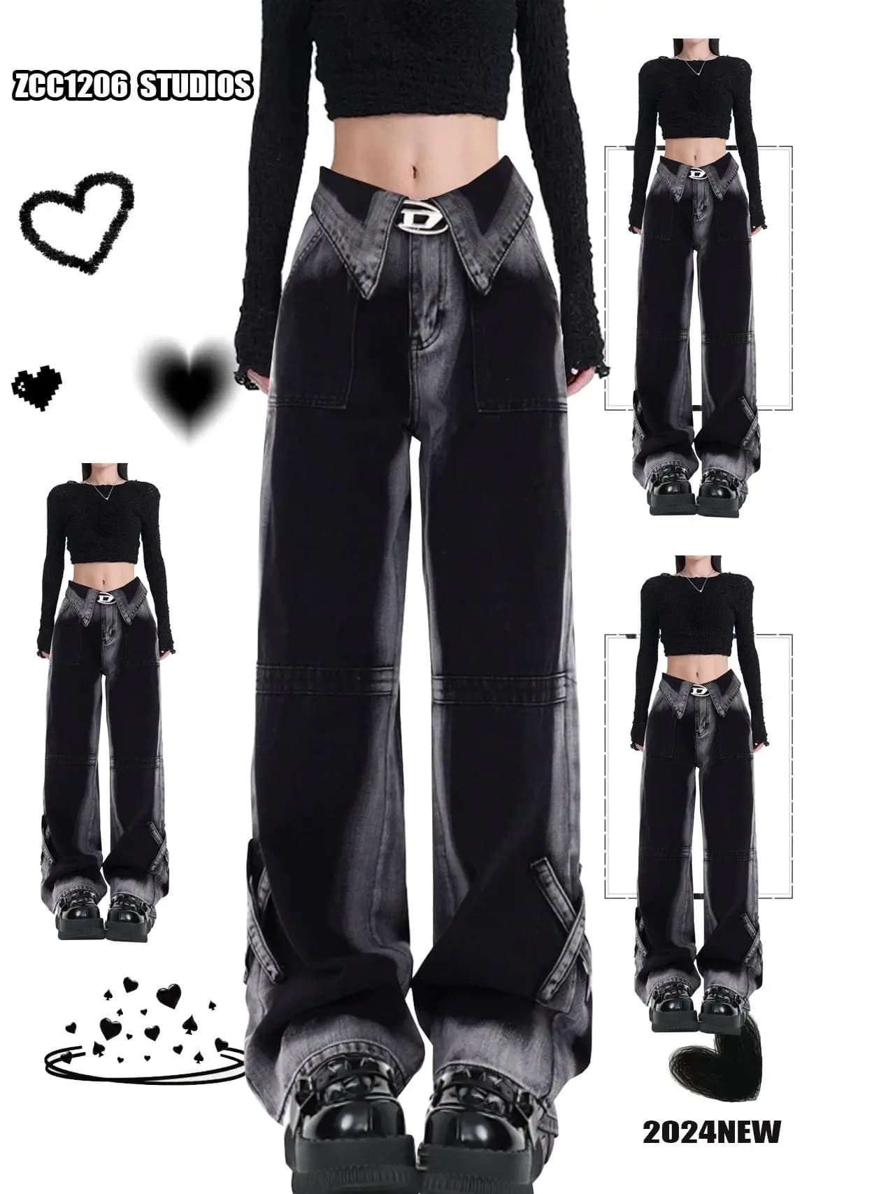 Retro American Grey Gradient Collar Denim Jeans Women's Autumn Spicy Loose Slim Straight Leg Floor-Length Pants