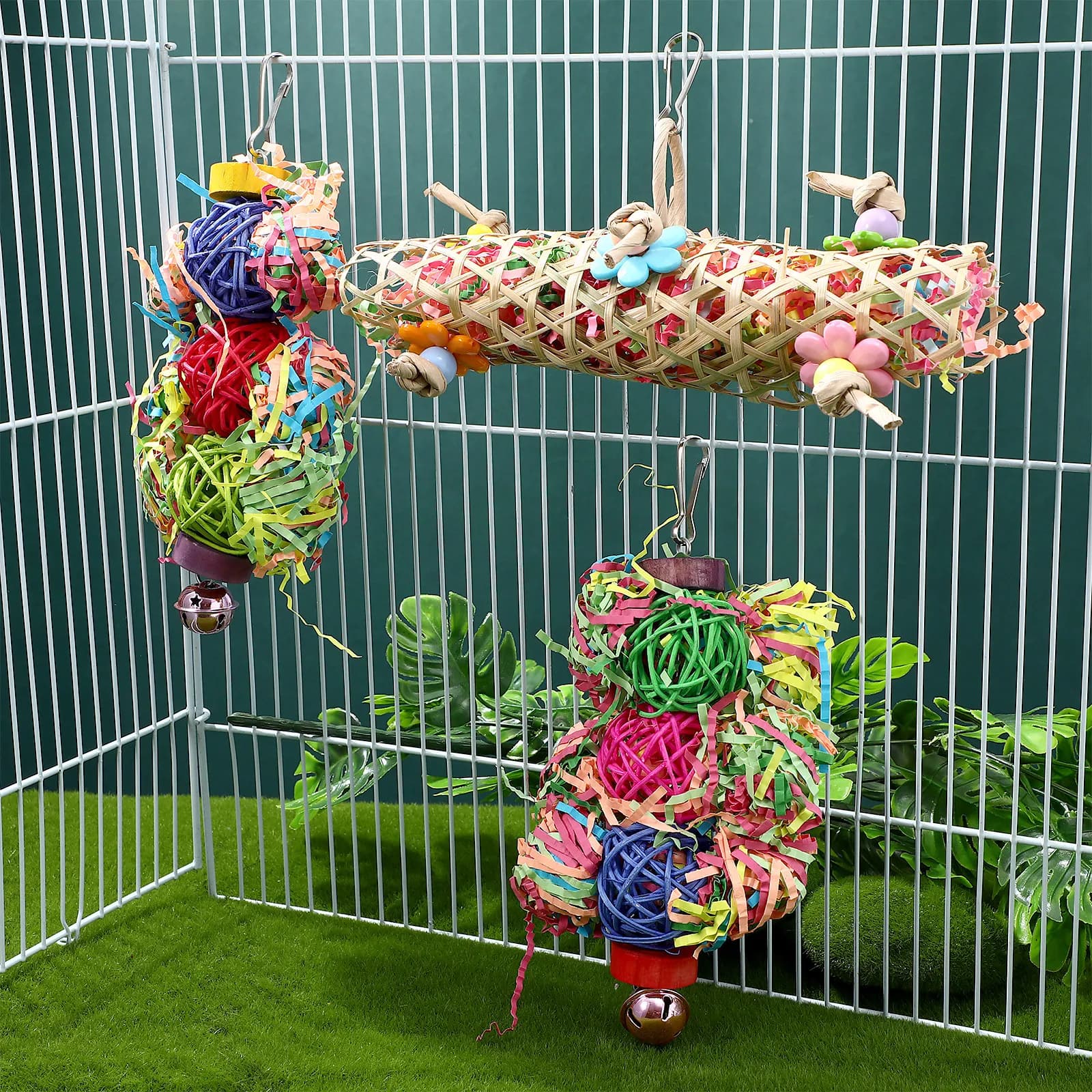 3 Pezzi Palline di Rattan per Uccelli, Giocattoli da Masticare e Foraggiare da Appendere, Accessorio per Gabbie di Pappagalli, Piccoli Parrocchetti, Calopsittici e Agaporni