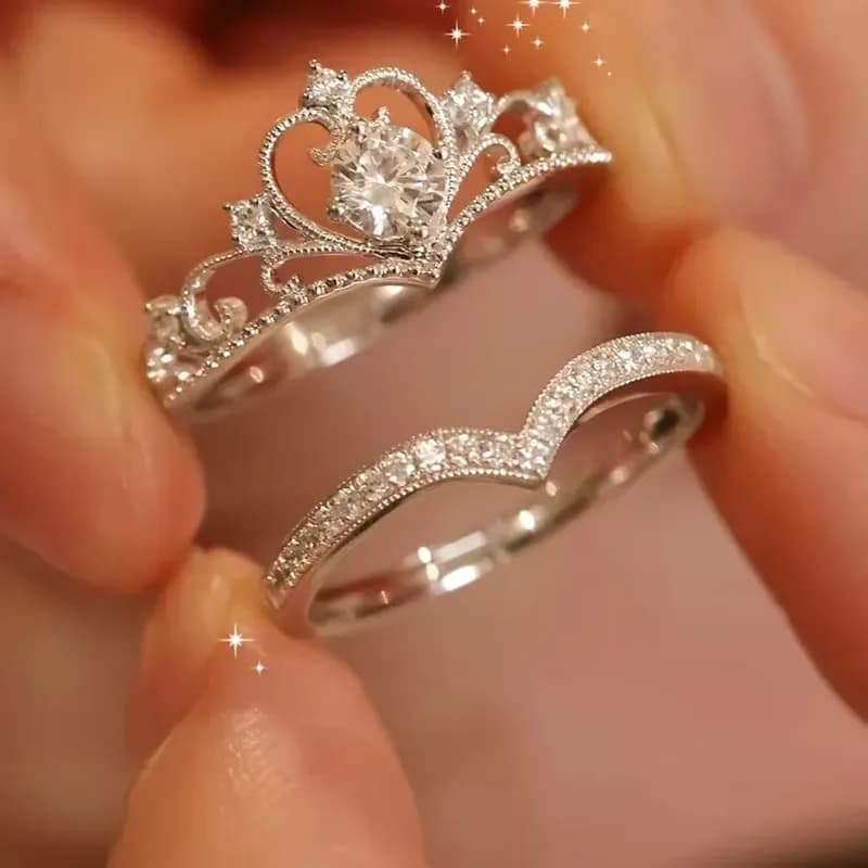 Stainless Steel 2PCS Crystal Crown Adjustable Ring Irregular Geometry Vintage Rings Set for Women Girls New Fashion Jewelry