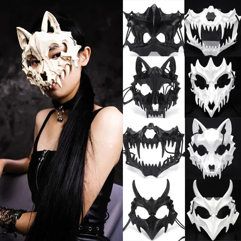 Maschera di Halloween Mezza Faccia, Maschera Cosplay Drago, Tigre Feroce, Tengu, Uomo-Lupo, Maschera Teschio per Performance