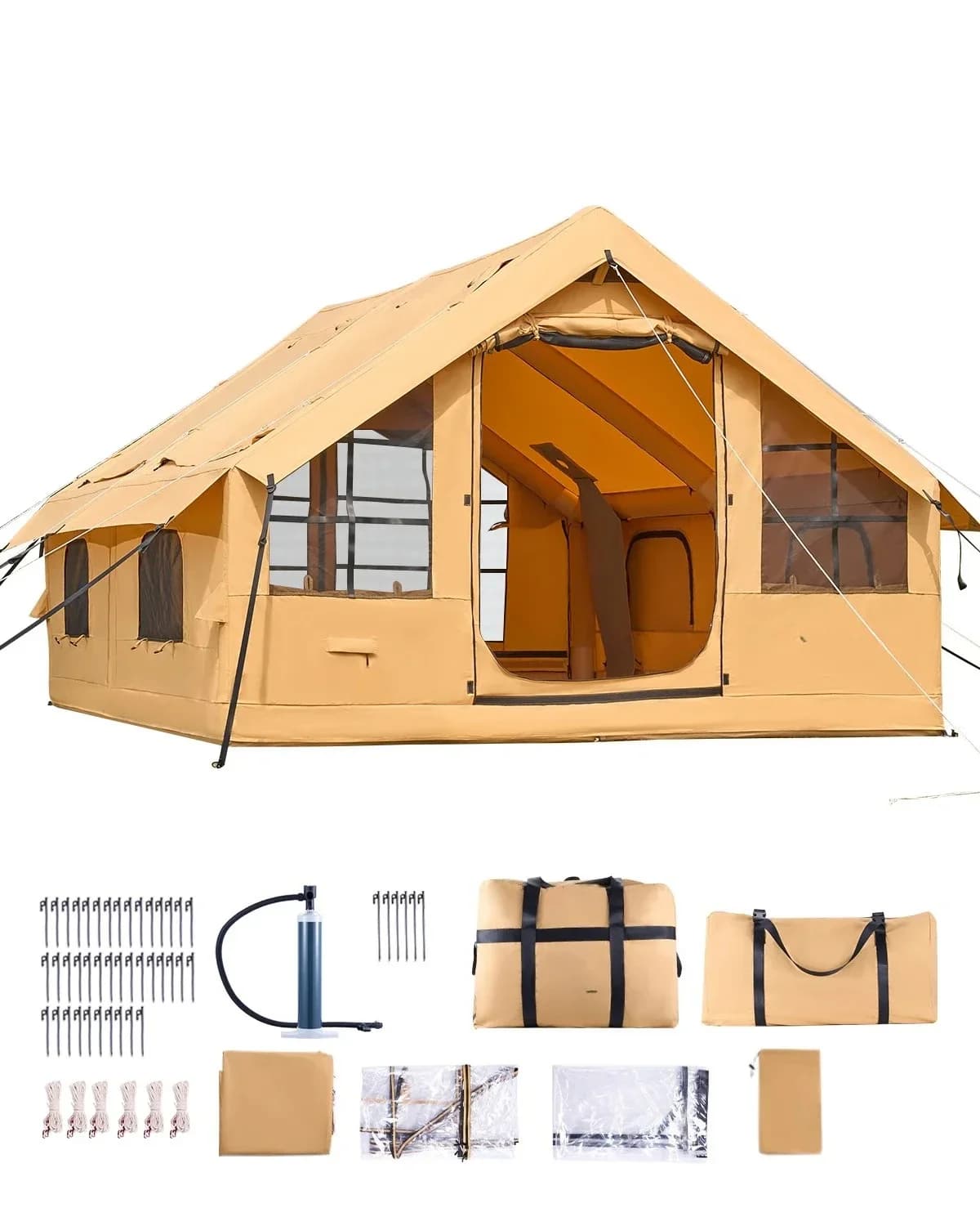 Tende gonfiabili per il campeggio Tenda gonfiabile di facile installazione con pompa a mano Tenda Glamping con lucernario Stufa Jack e finestre a rete