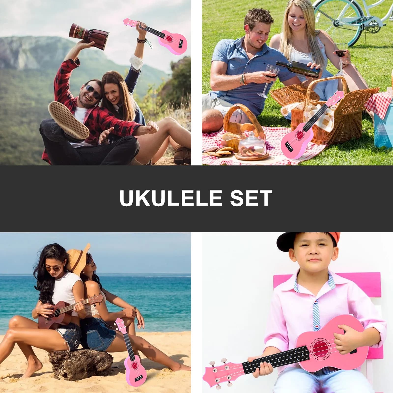 1 set di ukulele da 12 pollici in legno di tiglio per principianti, piccola chitarra, leggera, portatile, suono stabile, adatta a bambini e adulti