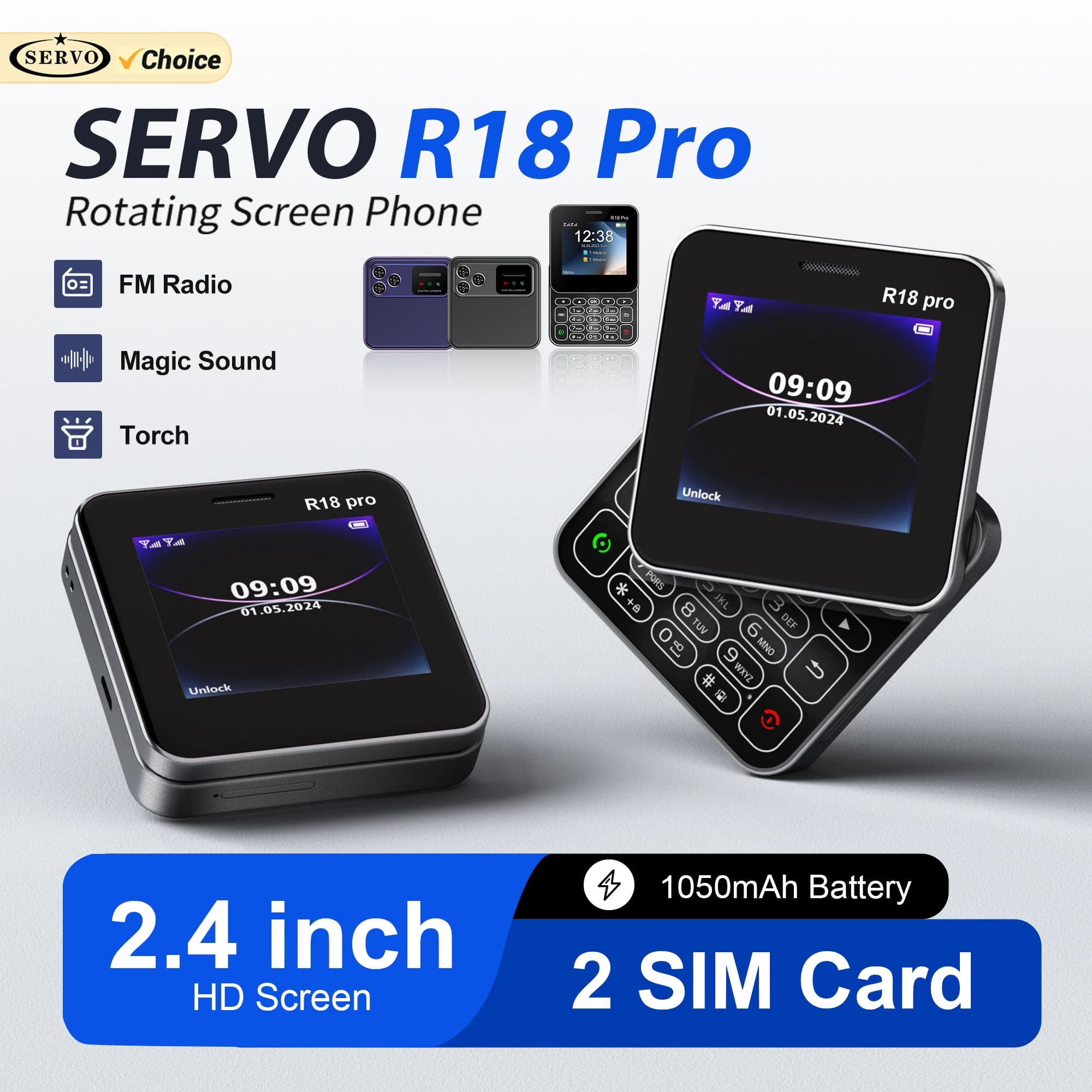 SERVO R18 PRO Telefono Cellulare con Schermo Rotante, Dual SIM, Funzione Magic Voice, Chiamata Rapida, Blacklist, 2G GSM, Schermo da 2.4", Telefono con Apertura Laterale