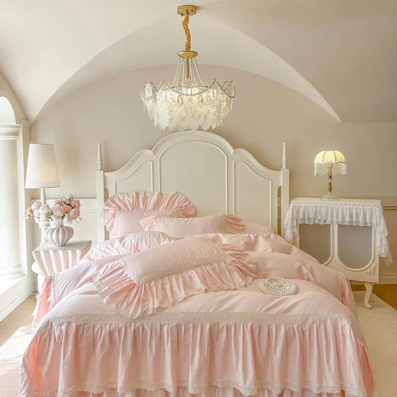 100% Cotton Princess Bedding Set Pink French Style Lace Ruffle Bed Skirt Duvet Cover Set, 4Pcs Queen King Size for Bedroom Decor