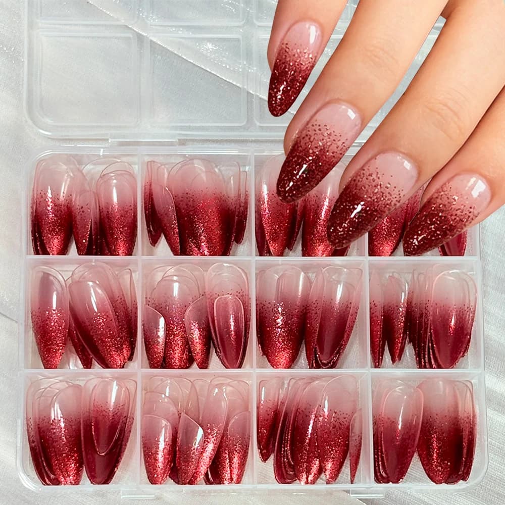 144 pz Sfumato Rosso Glitter Punta Delle Dita Presse sulle Unghie Lungo Mandorla Vino Rosso Sfumatura Gel Unghie Finte Lucido Capodanno Manicure Art