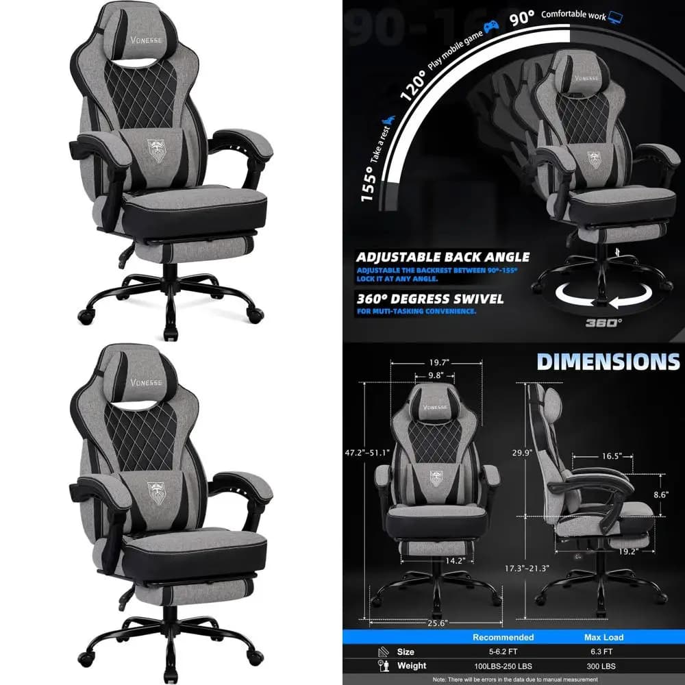 Sedia da Gaming Ergonomica Reclinabile in Tessuto Grigio con Poggiapiedi e Supporto Lombare Massaggiante per Adulti fino a 113 kg
