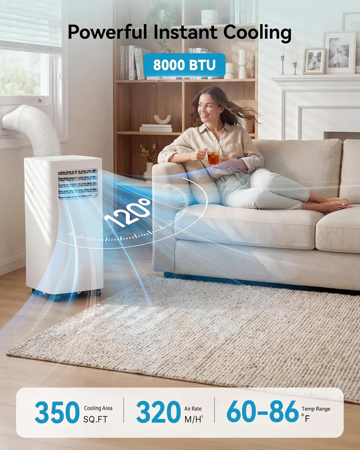 Condizionatore d'aria portatile da 8000 BTU, 3-in-1, raffredda 350 piedi quadrati, silenzioso con ventola e deumidificatore, display LED, telecomando, timer 24H, per finestra