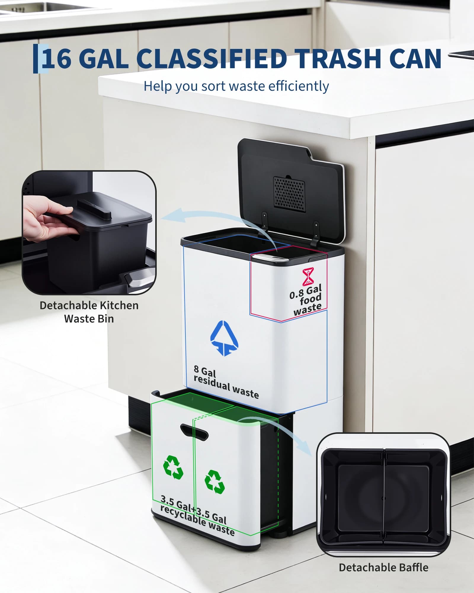 16 Gal Dual Trash Can for Kitchen with Compost Bin, 2 Compartment (33L + 28L) Stainless Steel Recycling Bin Combo, Garbage Can with Removable Inner Buckets for Home Office