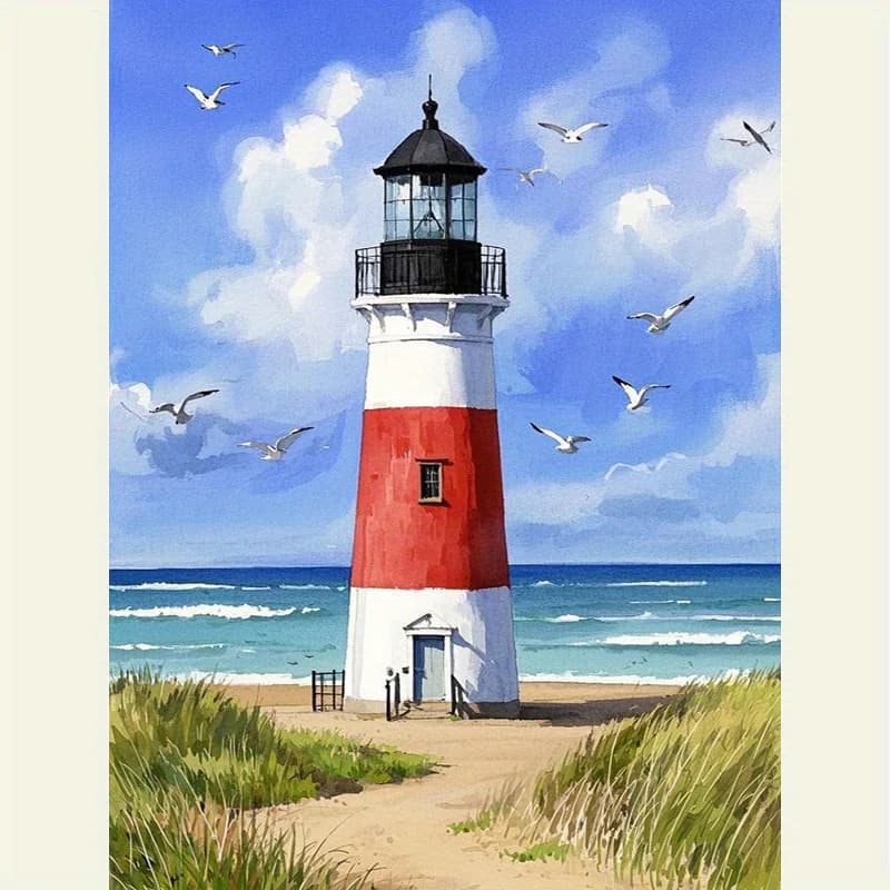 Kit di Pittura Diamantata 5D con Faro sul Mare Tranquillo, Adatto per Adulti, Mosaico Completo di Diamanti