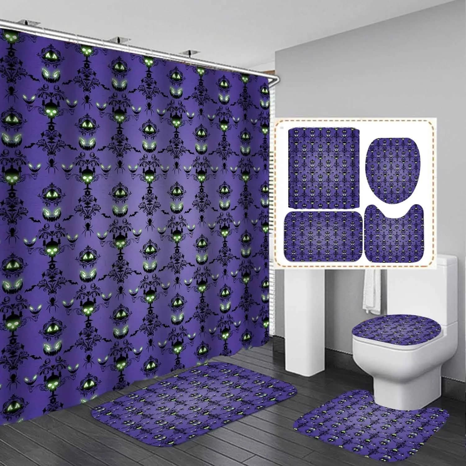 4PCS Halloween Shower Curtain Set,Waterproof Fabric Purple Shower Curtain, Non-Slip Bath Mat Bathroom Rugs, Skull Spooky Pumpkin