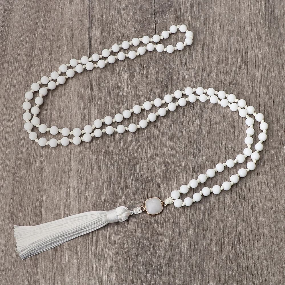 6MM 108 Mala Beads Bright White Necklace Wax Rope Handmade Knotted Inelastic Tassel Women Yoga Pendant Bangle Men Prayer Jewelry