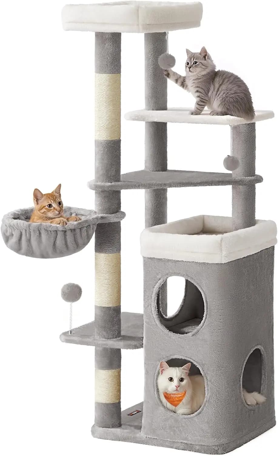 Torre per Gatti da 60 Pollici con Cuccia in Peluche, 2 Grotte, 3 Tiragraffi e Posatoi in Grigio Tortora