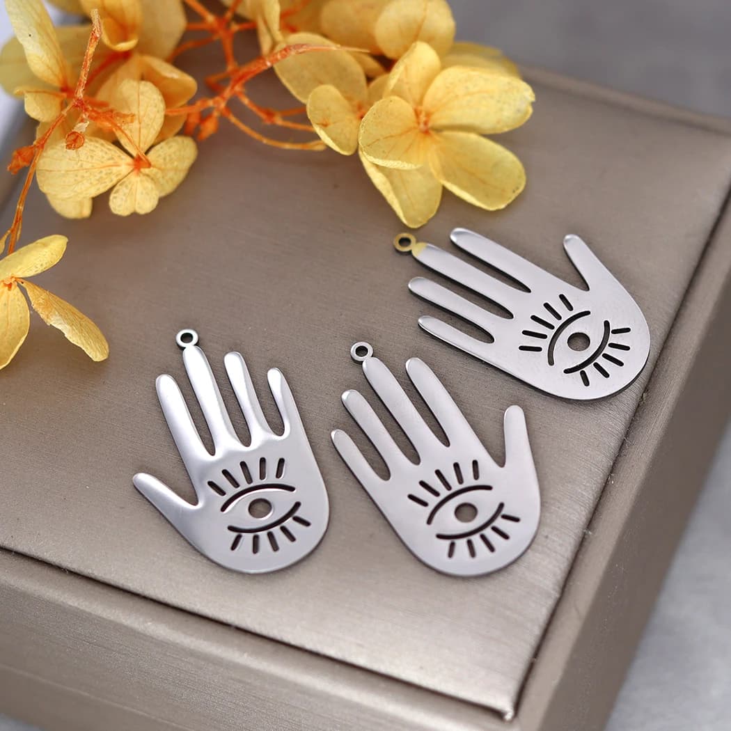 3 pezzi in acciaio inossidabile a forma di palma, occhio cavo, ciondolo a mano, collana fai da te, bracciale, orecchini, ciondolo, accessori per gioielli
