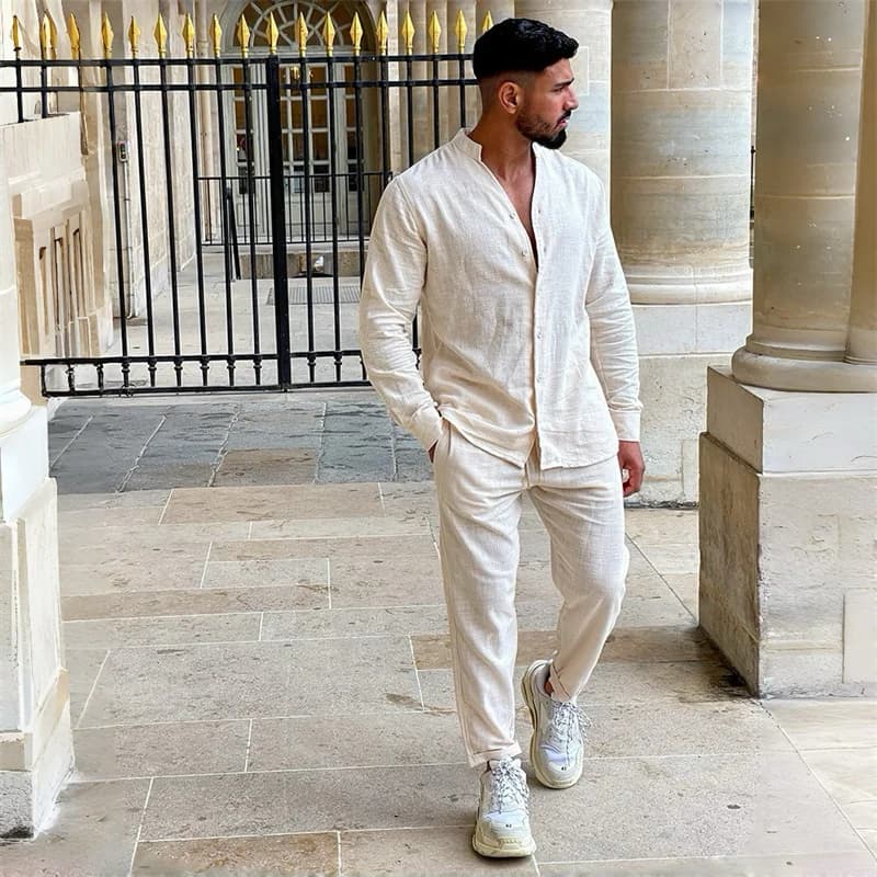 Nuovo set di camicie a maniche lunghe traspiranti da uomo e pantaloni casual da uomo in cotone tinta unita 100% set da due pezzi per uno stile resort