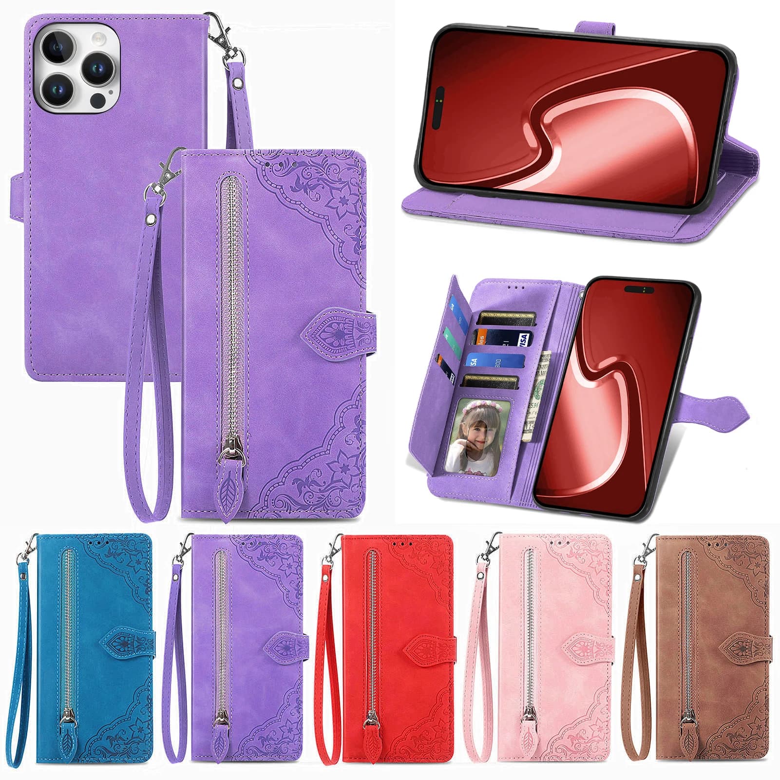 Luxury Pu Leather Phone Case For iPhone 16 17 Pro Max 15 Plus 14 Shockproof Cover Accessories Zipper Wallet Card Holder
