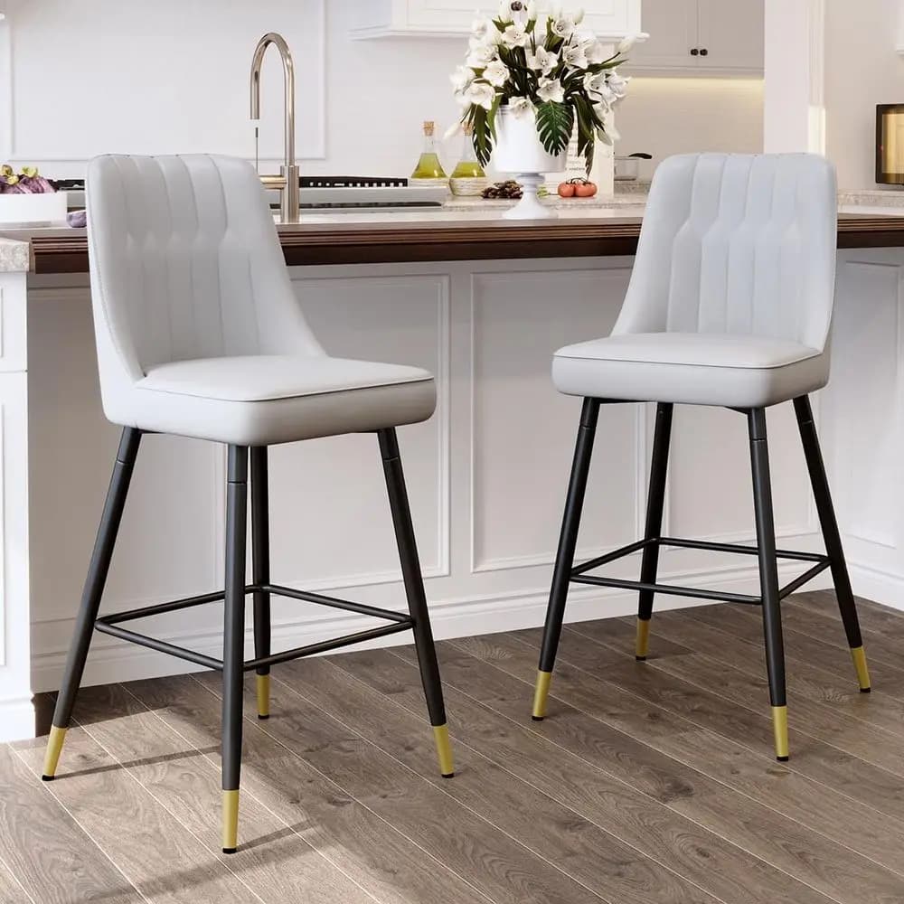 Set of 2 Light Grey Faux Leather Bar Stools with Backrest and Footrest, 27 High Chairs for Kitchen Island, Cafe, Pub, and Dining
