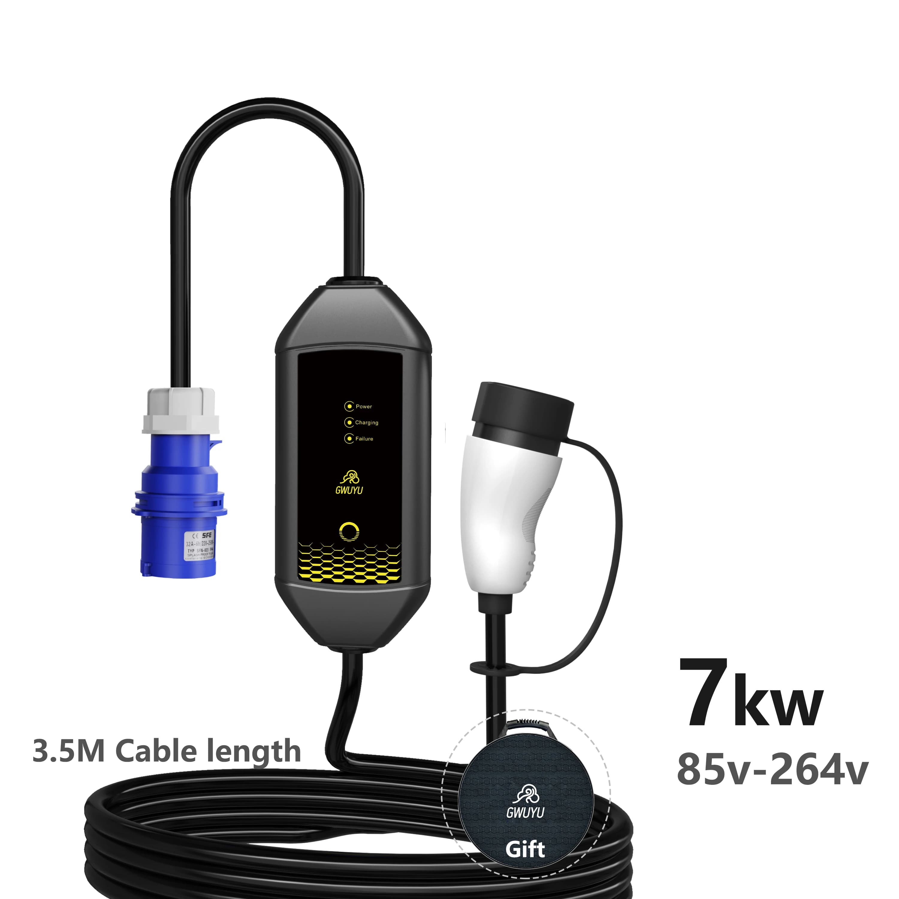 GWUYU 7KW 32A Portable EV Charger Type 2 EVSE EU Plug Adjustable Current Home Use Electric Car Charger