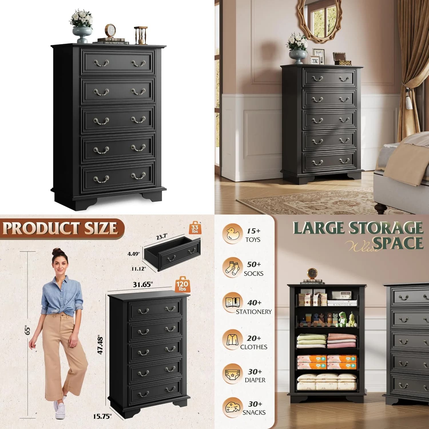 Cassettiera Alta in Legno a 5 Cassetti con Maniglie in Metallo per Camera da Letto, Soggiorno, Corridoio, Armadio, Personalizzabile