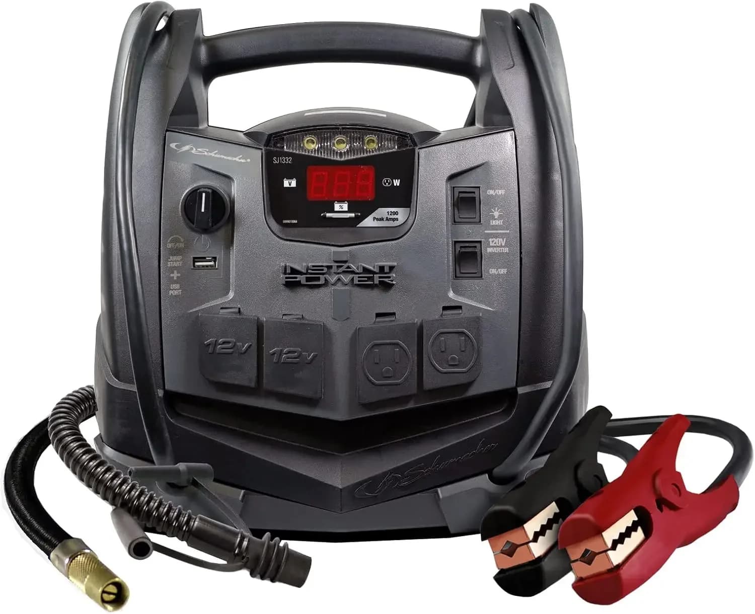 Avviatore di emergenza e centrale elettrica portatile, SJ1332, 6 in 1, 1200 A, 12 Volt, compressore d'aria da 150 PSI, 5 prese - CC, CA e USB