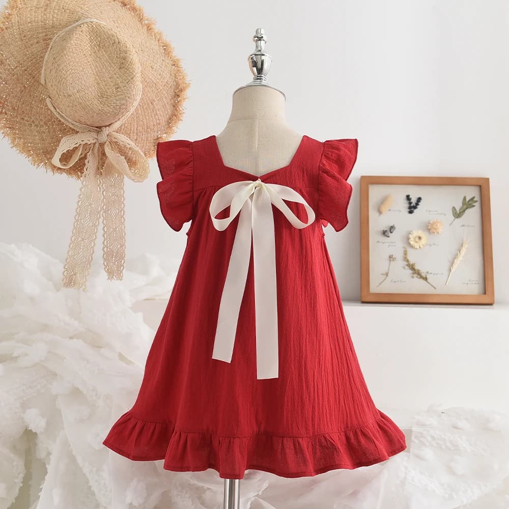 Summer Girls Dresses Flying Sleeve Dress Casual Ruffled Dresses Solid Back Bowknot A Line Baby Dresses Kids Clothes