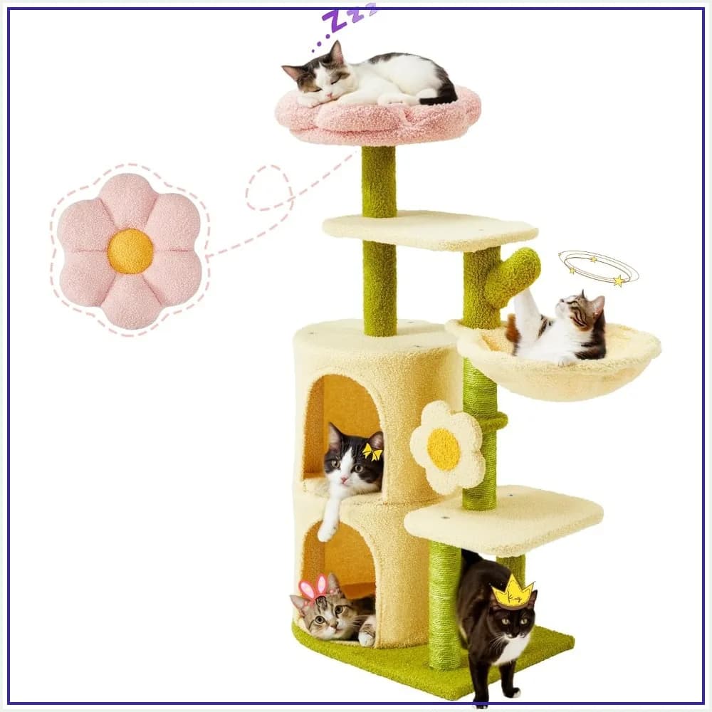38.2" Multi-Level Cat Tree with Flower Platform, Condos, Hammock & Sisal Posts