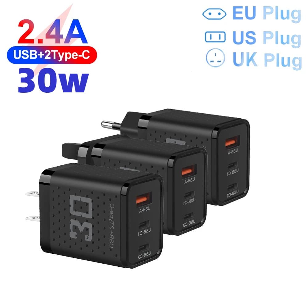 30W 3-Port USB C Charger 1 USB-A 2 Type-C Fast Wall Adapter for iPhone Samsung Xiaomi Huawei EU US UK Plug Travel Charger