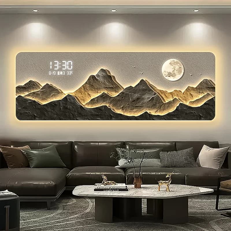 2025 Decorative painting for high-end living room, digital LED electronic clock, suspended painting with atmospheric light on the back of the mountain