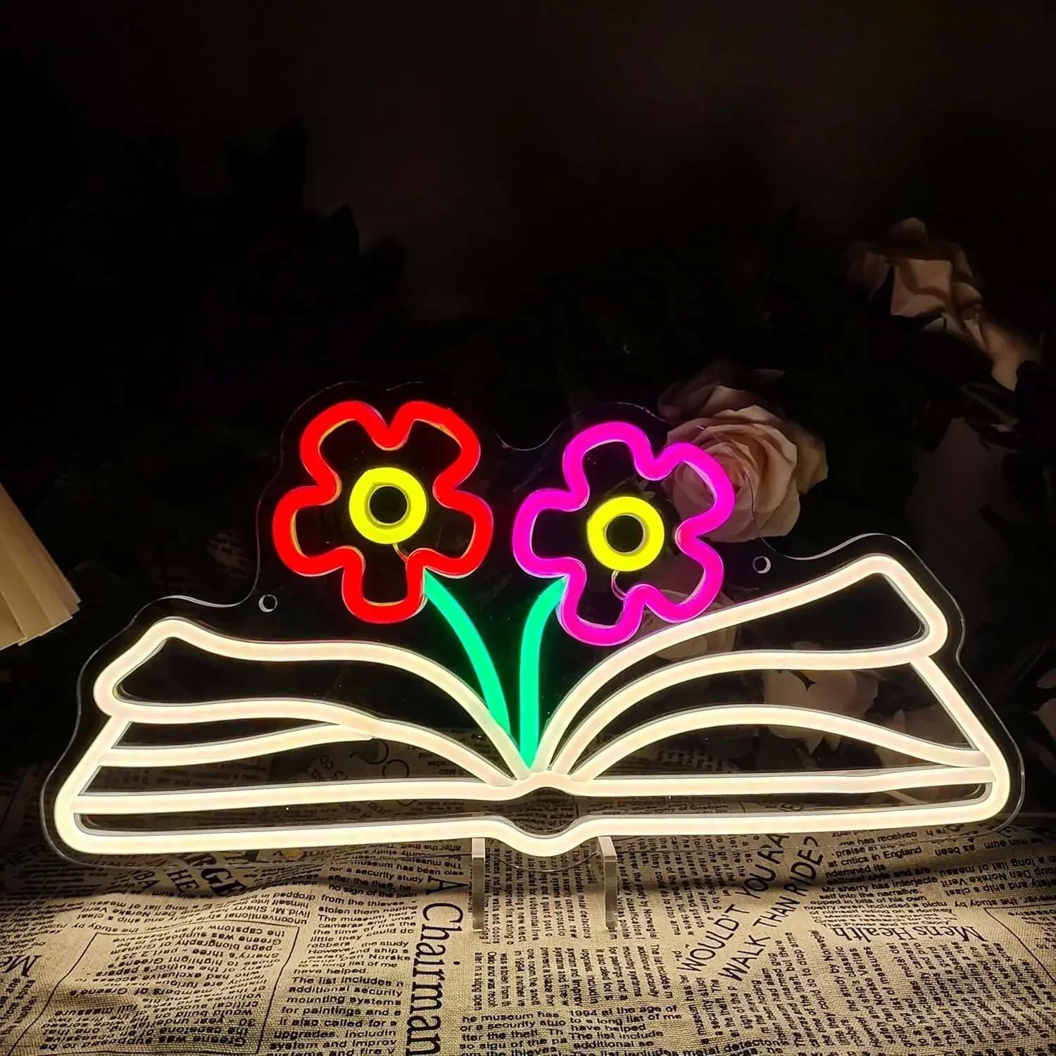 Insegna Luminosa al Neon 'Book & Flowers' USB Dimmerabile LED per Camera da Letto, Soggiorno, Club, Bar, Man Cave, Regali per Feste, Decorazione Murale