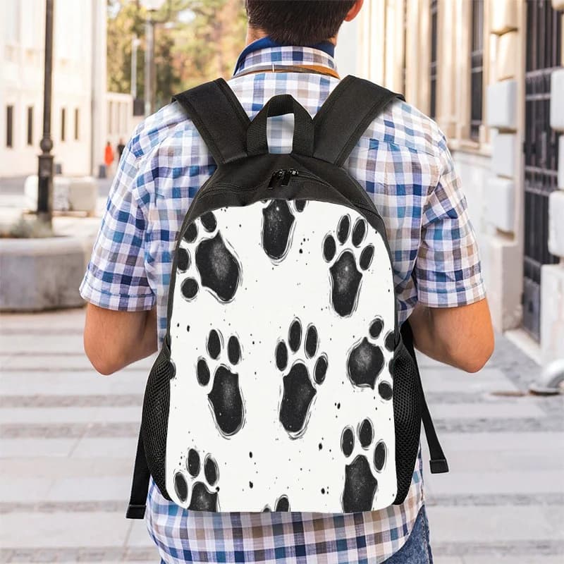2D printed flat backpack, dog-themed casual backpack, durable casual school backpack with paws pattern and adjustable zip closure