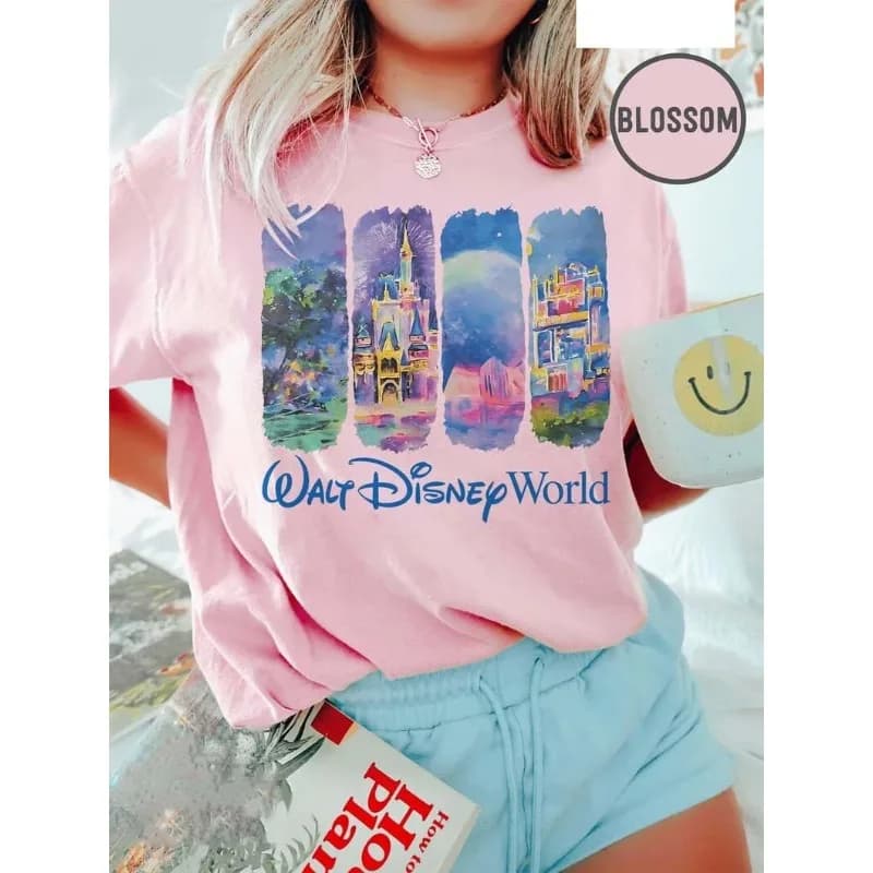 T-shirt a maniche corte in puro cotone con stampa Disney Castle, adatta per viaggi e vacanze, adatta a famiglie, adulti e bambini