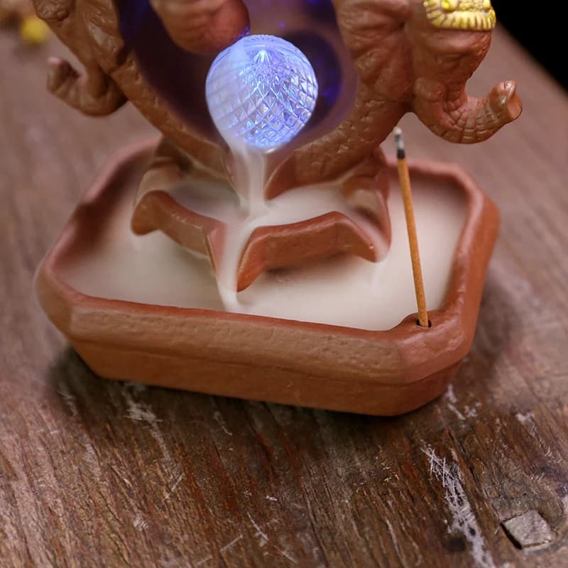 Three Head Ganesha Purple Clay Backflow Incense Burner LED Light Crystal Ball Incense Holder Home Decor Feng Shui Ornament
