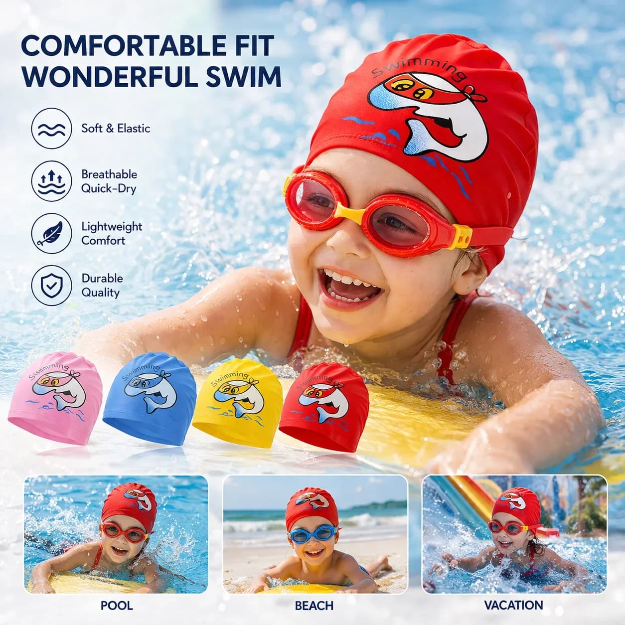 1 cappello da nuoto per bambini con disegni animati, per ragazzi e ragazze, impermeabile, altamente elastico, protezione per le orecchie, cappello da piscina, accessori per il nuoto