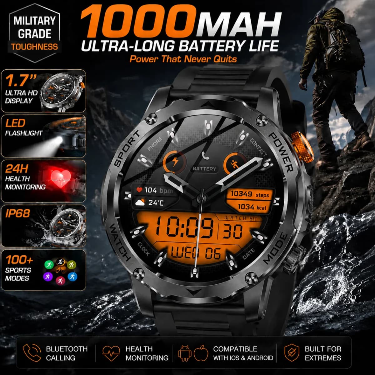 LIGE Outdoor Military Men Smart Watch Ultra 1000mAh Battery IP68 Waterproof Smart Bracelet Flashlight Bluetooth Call Smartwatch