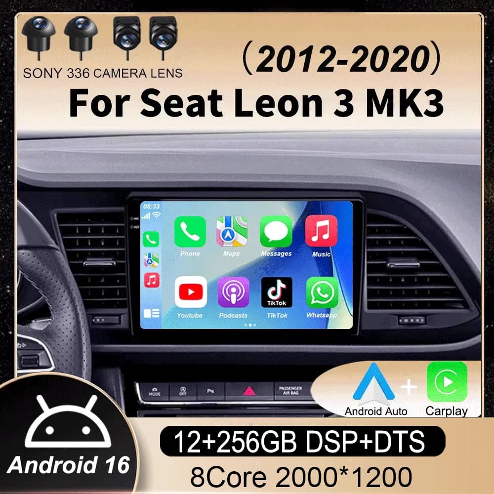 Autoradio Android 16 Carplay Auto per Seat Leon 3 MK3 2012-2020 Navigazione GPS 4G WIFI Lettore Multimediale Video Stereo Telecamera 360