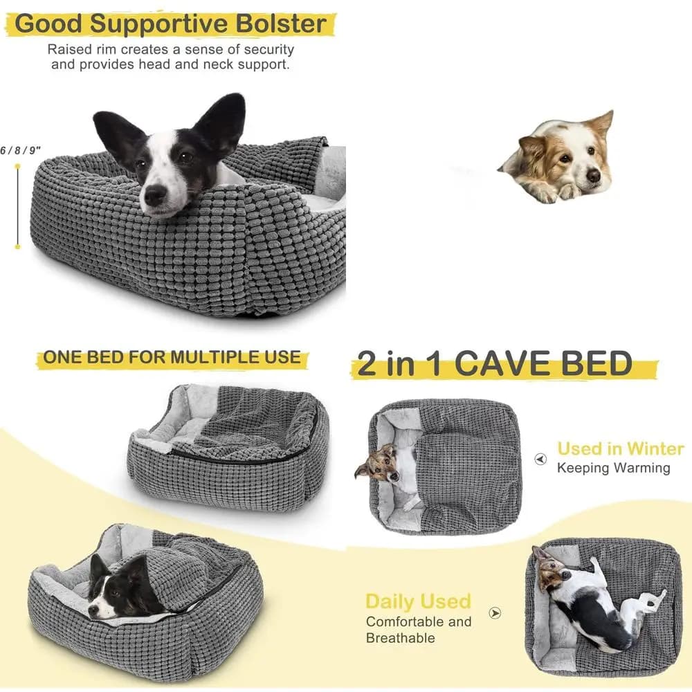 Cuccia Ortopedica Rettangolare con Cappuccio e Coperta Anti-Ansia, Adatta per Cani Grandi, Medi e Piccoli, 35 Grigio, Lavabile in Lavatrice