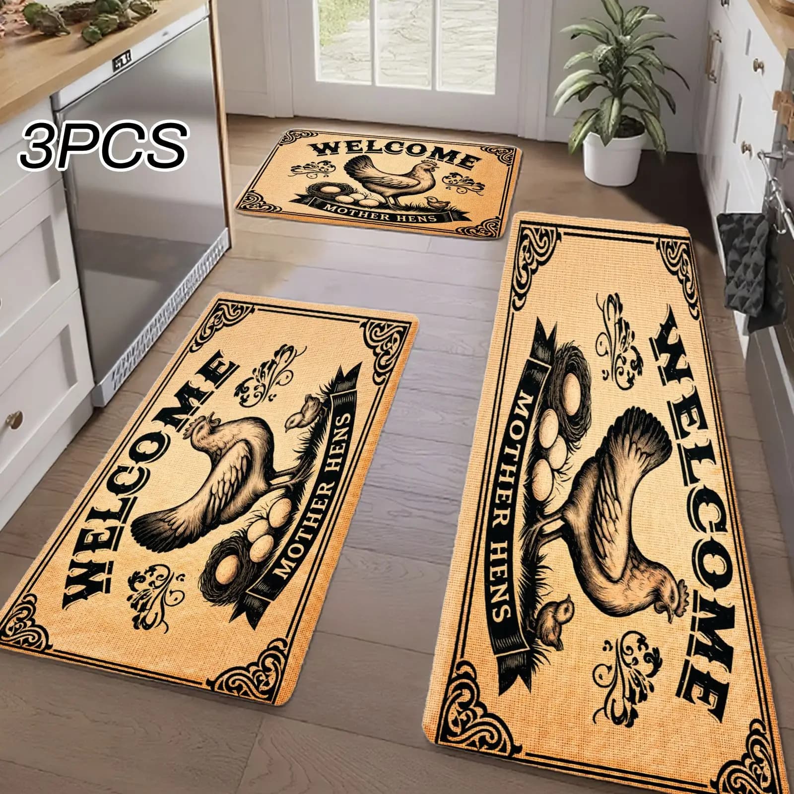 3PCS Kitchen Rugs,Home Decoration for Front Door, Kitchen, Bathroom, Welcome Mother Hens Chicken Pattern Print Dining Mat