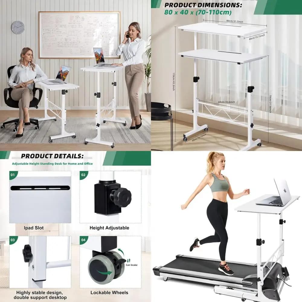 Scrivania portatile con rotelle per laptop con altezza regolabile per tapis roulant e supporto per sedersi in bianco