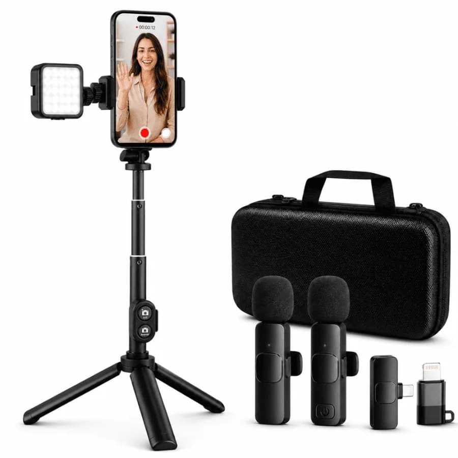 Vlogging Kit For iPhone With Wireless Microphone, LED Light And Tripod, Phone Video Recording Kit With Remote And Case