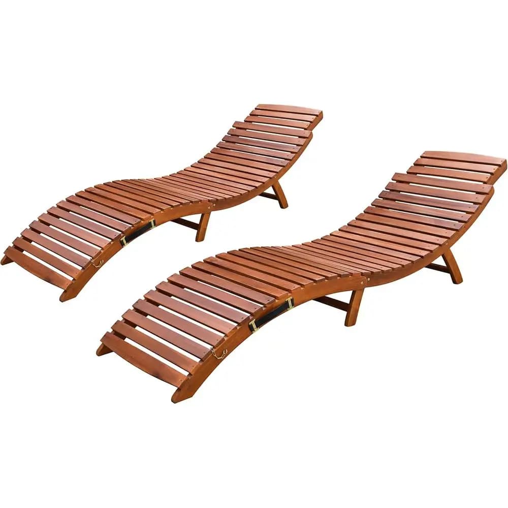 Two-Piece Outdoor Wooden Pool Lounge Chairs with Weatherproof Cushions