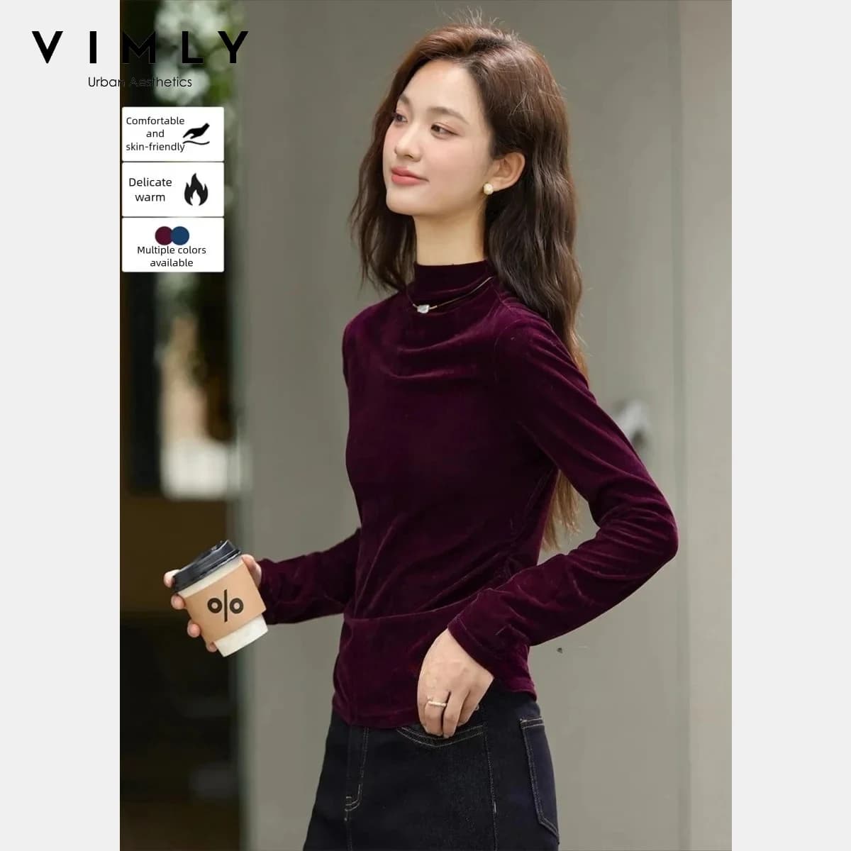 Maglia a Collo Alto in Velluto da Donna VIMLY, T-shirt Casual a Maniche Lunghe Tinta Unita, Nuova Collezione Invernale 2026, Top Slim Fit Lavorato a Maglia per Signore A3305