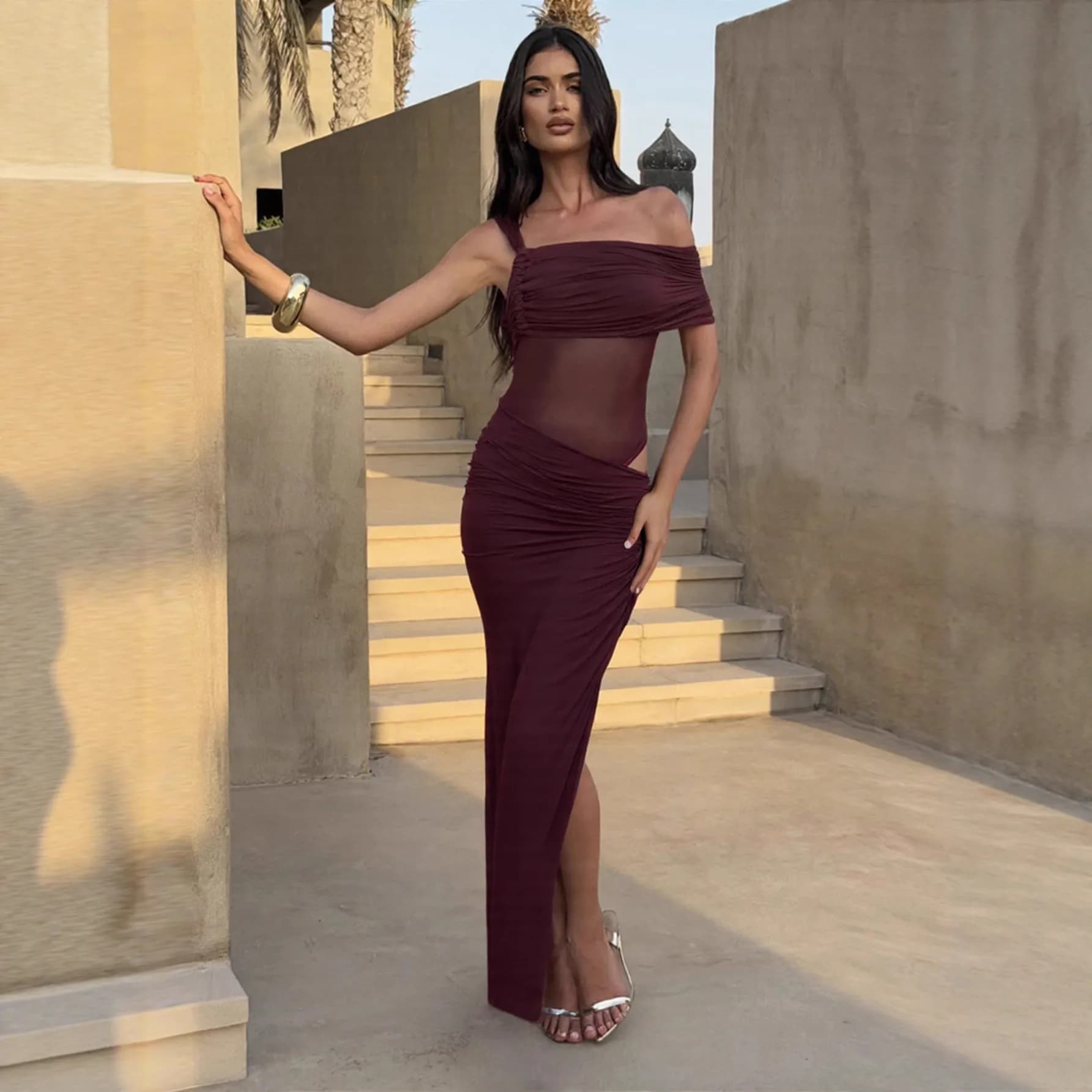 Elegant Short Sleeveless Midi Dress with Side Pleats And Single Shoulder Design in Milk Silk for Date Night Outfits