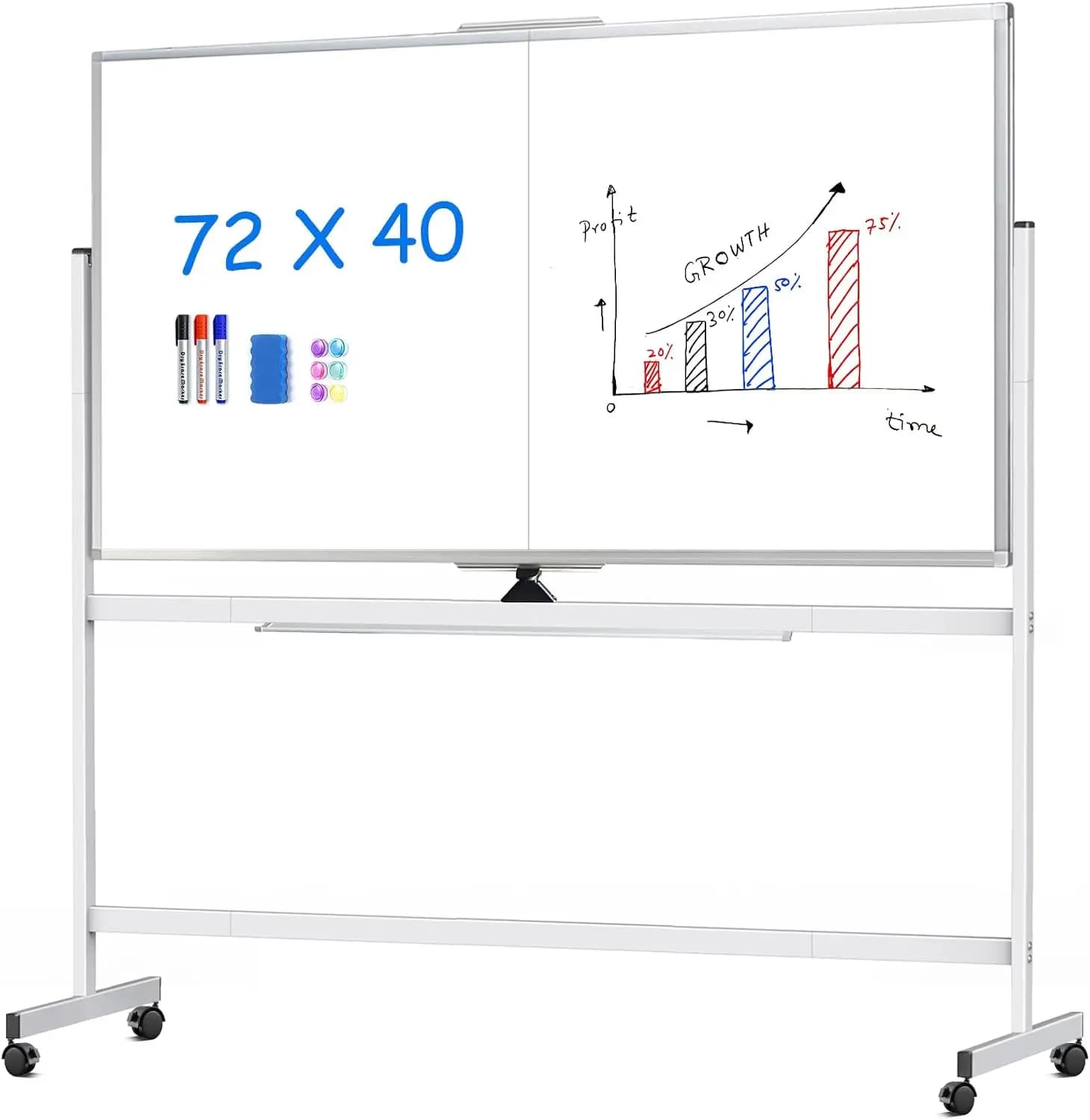 Lavagna Magnetica Bianca Bifacciale 72x40 su Ruote, Grande Lavagna Cancellabile a Secco per Ufficio, Scuola, Casa