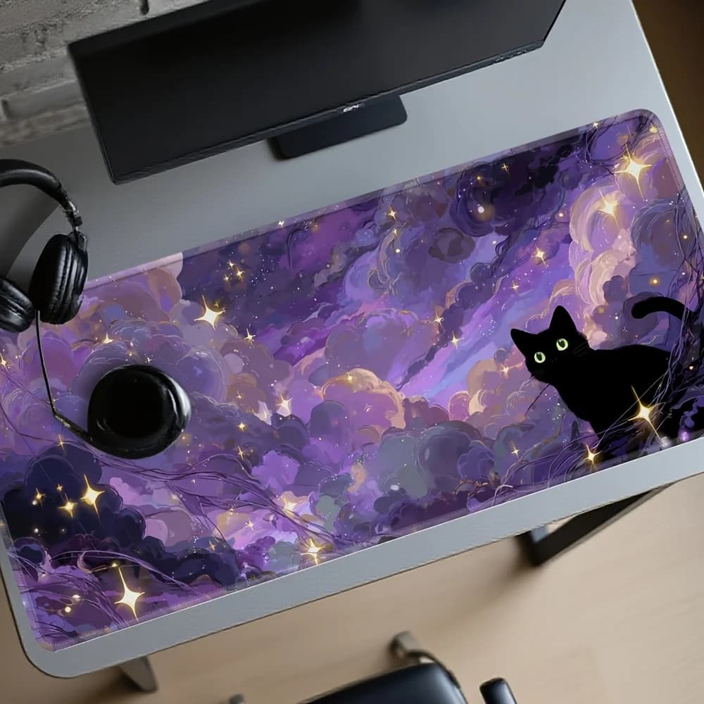 Tappetino per Mouse da Gaming Grande, Design Gatto Nero, Tappetino Anime per Scrivania, Mousepad XXL con Cielo Viola Mistico, Base Antiscivolo in Gomma