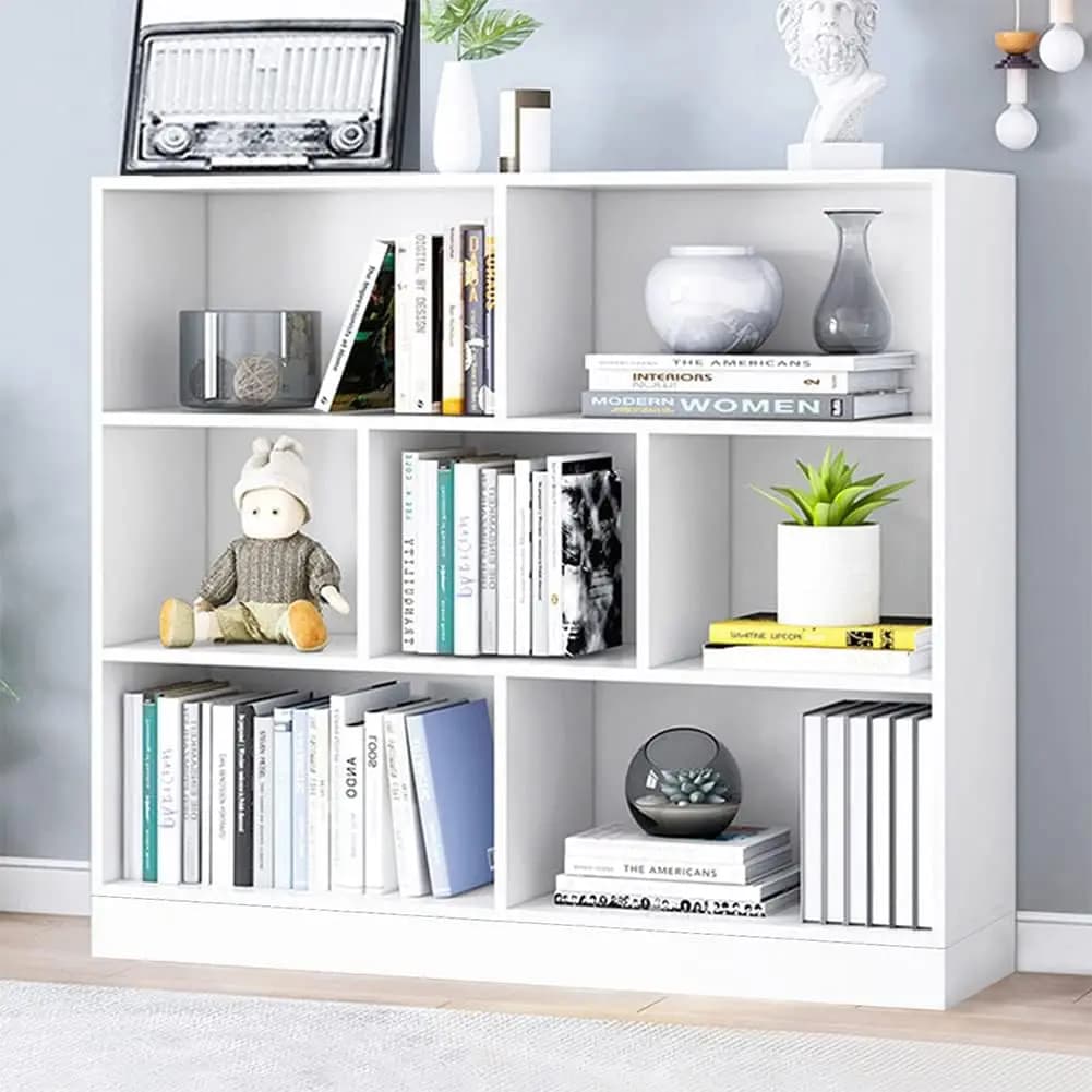 3-Tier Cube Bookshelf, Open Shelf Low Bookcase, MDF Wood, 7 Storage Cubby, Vertical Short Unit, Scandinavian Minimalist Organizer for Living Room, Home Office