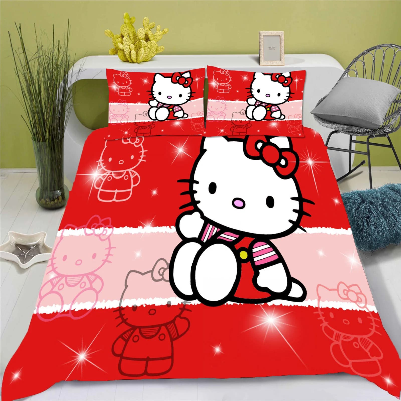 Set di biancheria da letto Sanrio Hello Kitty, 3 pezzi, set copripiumino con cartoni animati Kawaii e 2 federe per ragazze, decorazione per la cameretta dei bambini, misura Queen/King